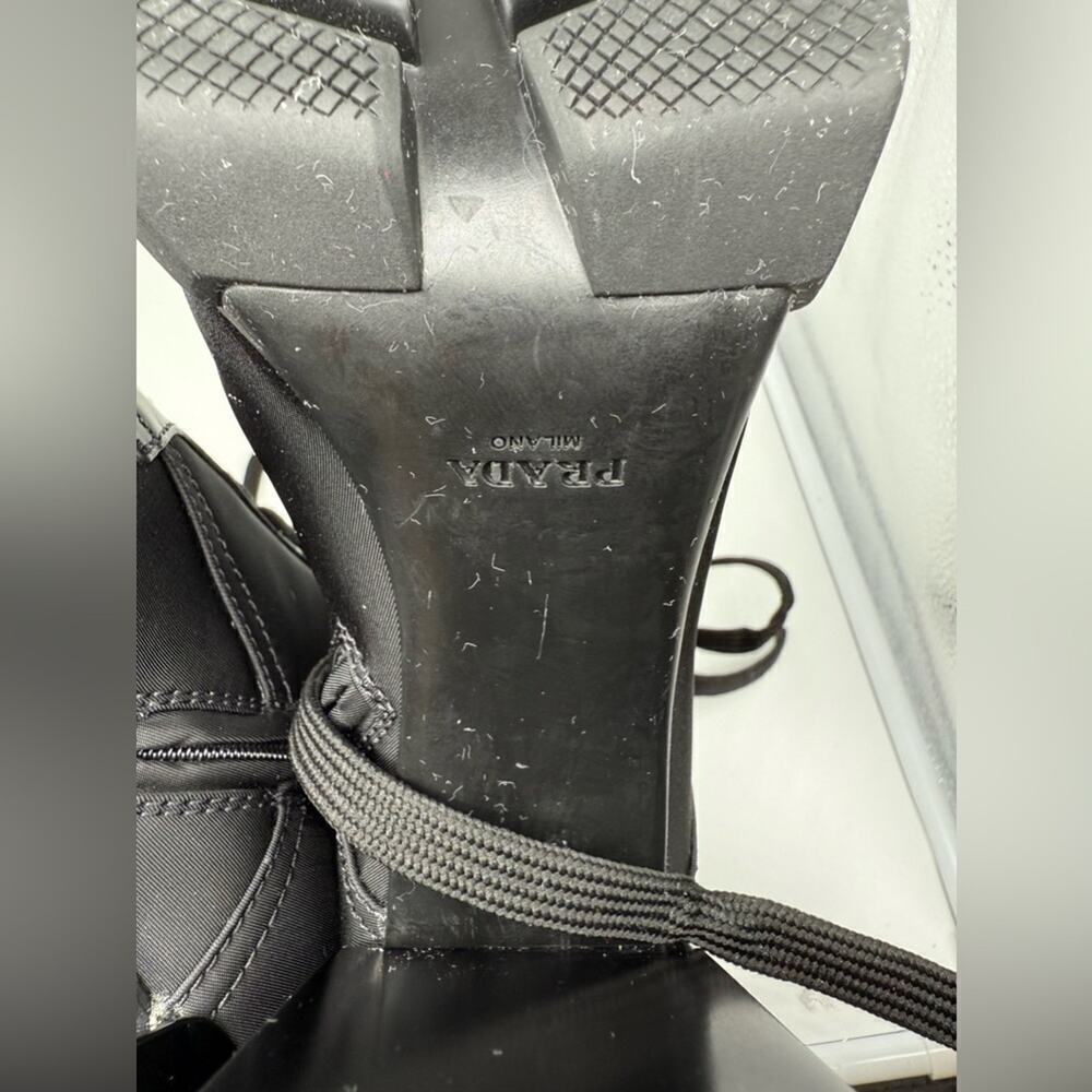 Prada Black Leather/ Re-Nylon Metal Triangle Logo 110mm Ankle Boots EU 38.5 - Picture 14 of 15